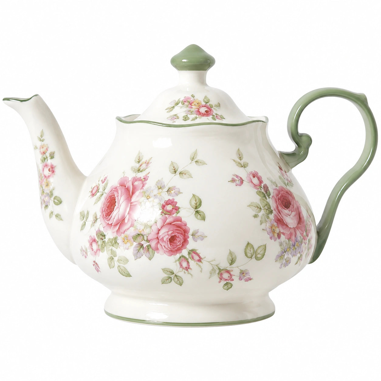 Teiera in ceramica 1.20 L avorio e verde con motivo floreale - stile classico
