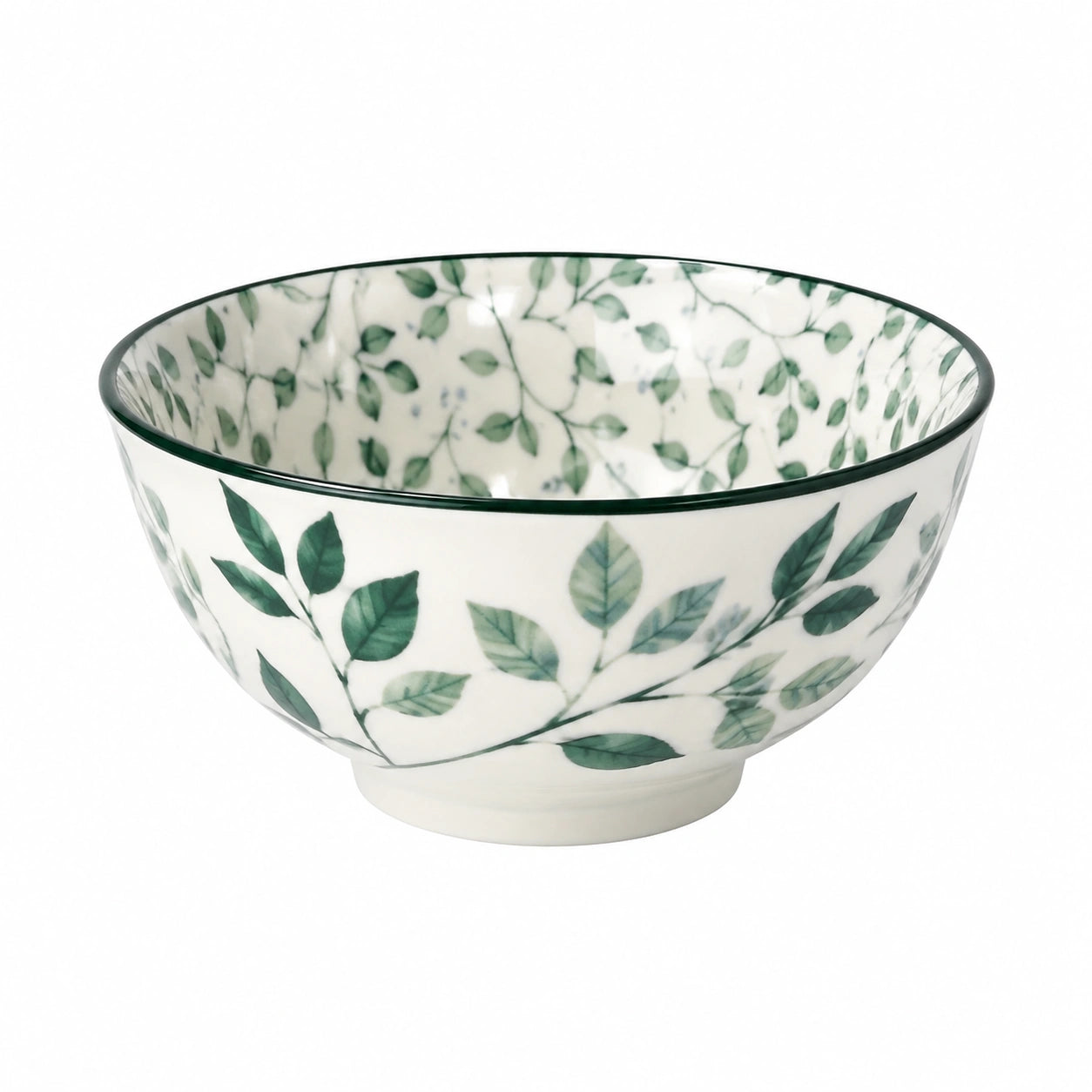 Ciotola in ceramica 15 cm bianco e verde con motivo foglie