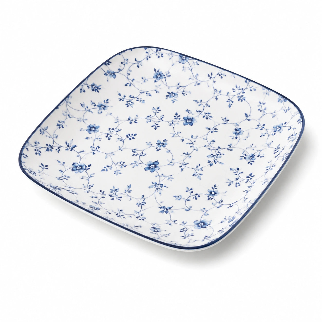 Piatto piano quadrato 25 x 25 cm in ceramica bianca e blu con motivo floreale