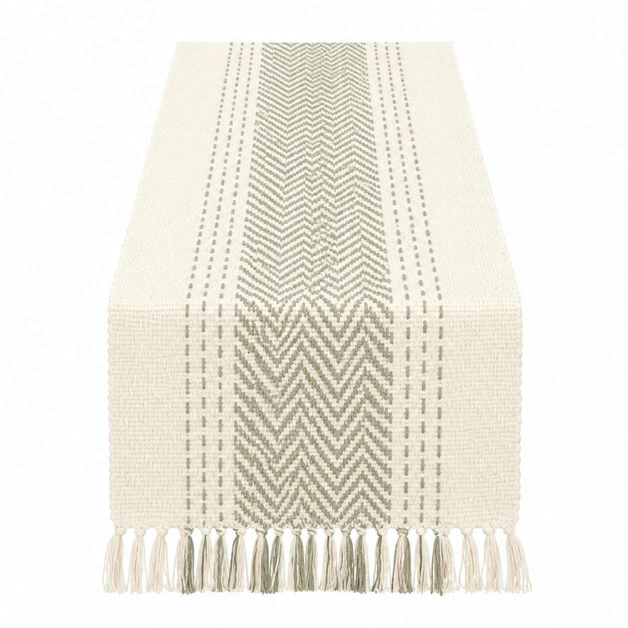 Runner da tavola 180 x 33 cm tessile avorio e verde salvia con frange stile boho