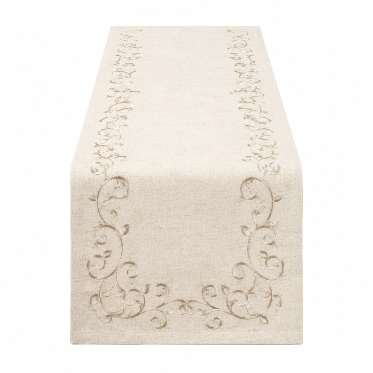 Runner da tavola 180 x 40 cm beige in tessuto effetto lino con ricamo floreale classico