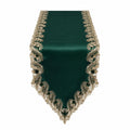 Runner da tavola 180 x 33 cm in tessuto effetto raso verde scuro con bordo floreale dorato