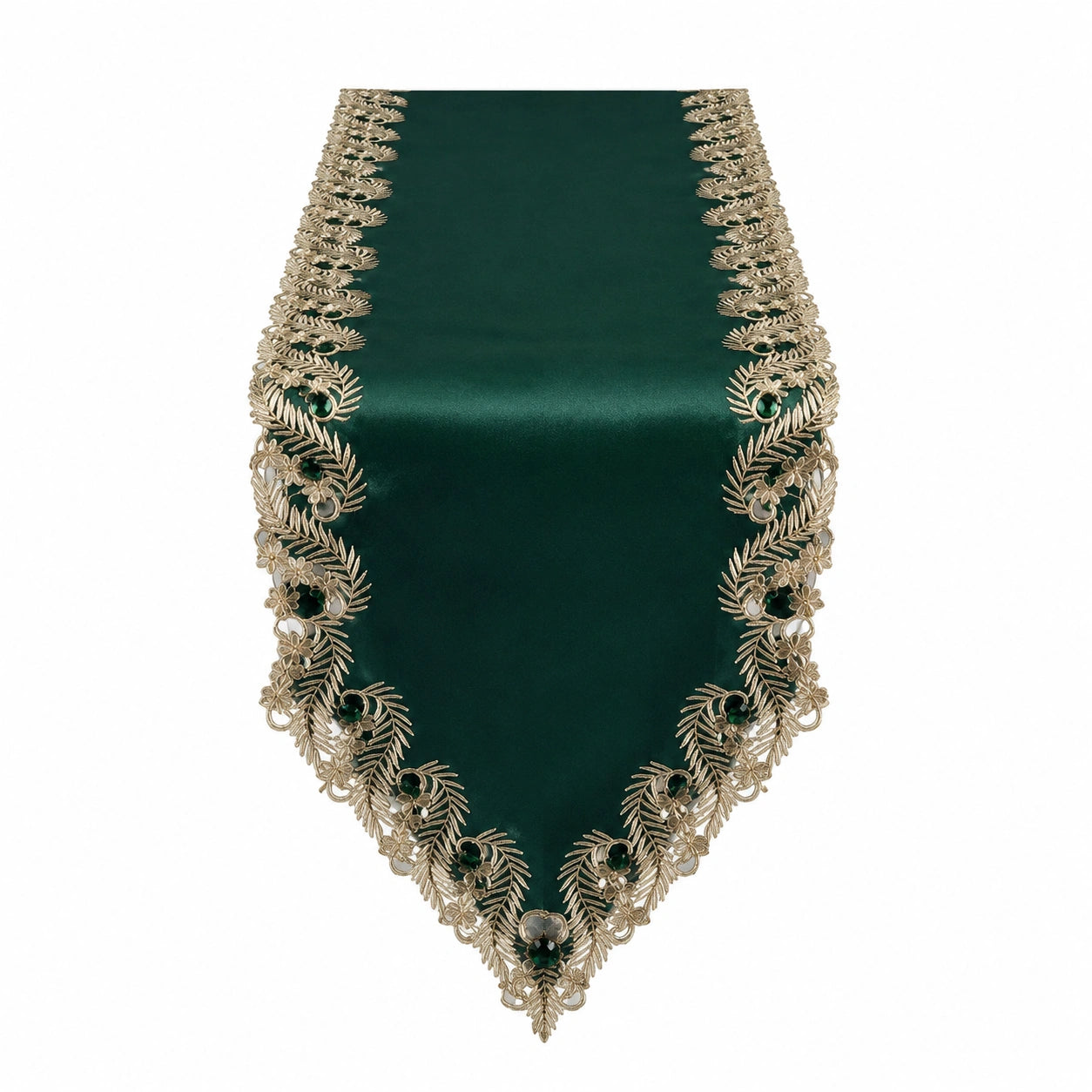 Runner da tavola 180 x 33 cm in tessuto effetto raso verde scuro con bordo floreale dorato