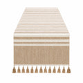 Runner da tavola 180 x 35 cm in tessuto beige e bianco a righe con frange