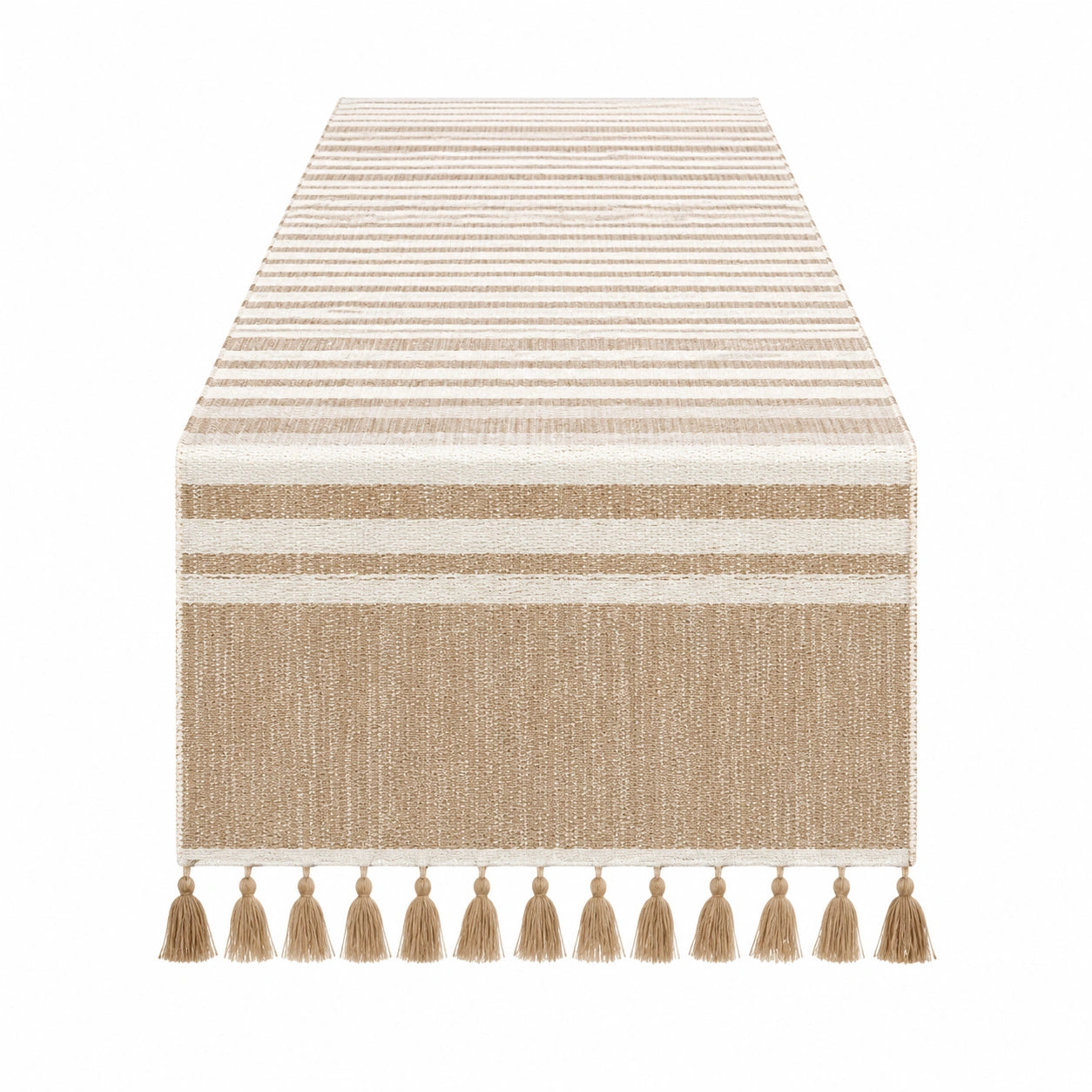 Runner da tavola 180 x 35 cm in tessuto beige e bianco a righe con frange