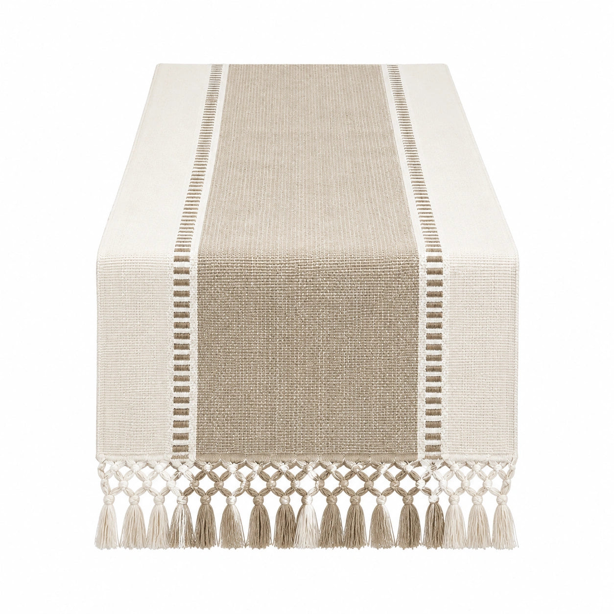 Runner da tavola 180 x 35 cm in tessuto beige e avorio con frange stile rustico