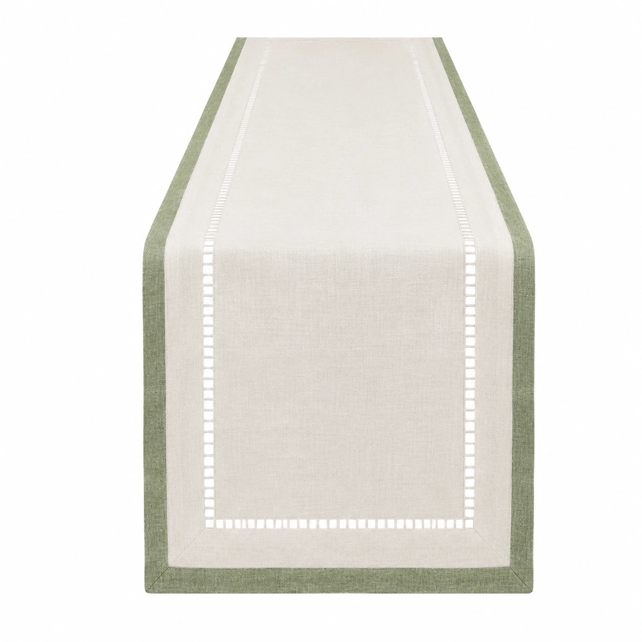 Runner da tavola 40 x 180 cm in tessuto effetto lino beige e verde con bordo decorativo