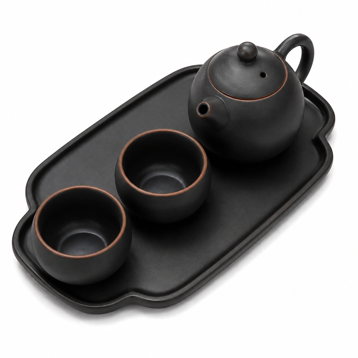 Set da tè in ceramica nero 4 pezzi con vassoio per 2 persone