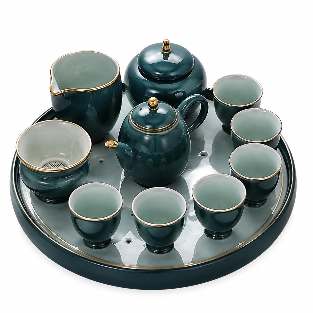 Servizio da tè in ceramica 35 cm verde petrolio con vassoio e 6 tazze