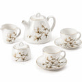 Servizio da tè in porcellana 7 pezzi 25 cm bianco con decoro floreale e bordi dorati