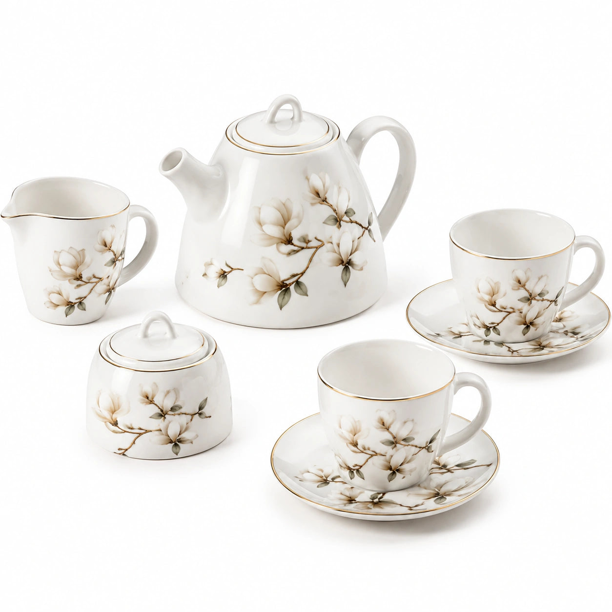Servizio da tè in porcellana 7 pezzi 25 cm bianco con decoro floreale e bordi dorati