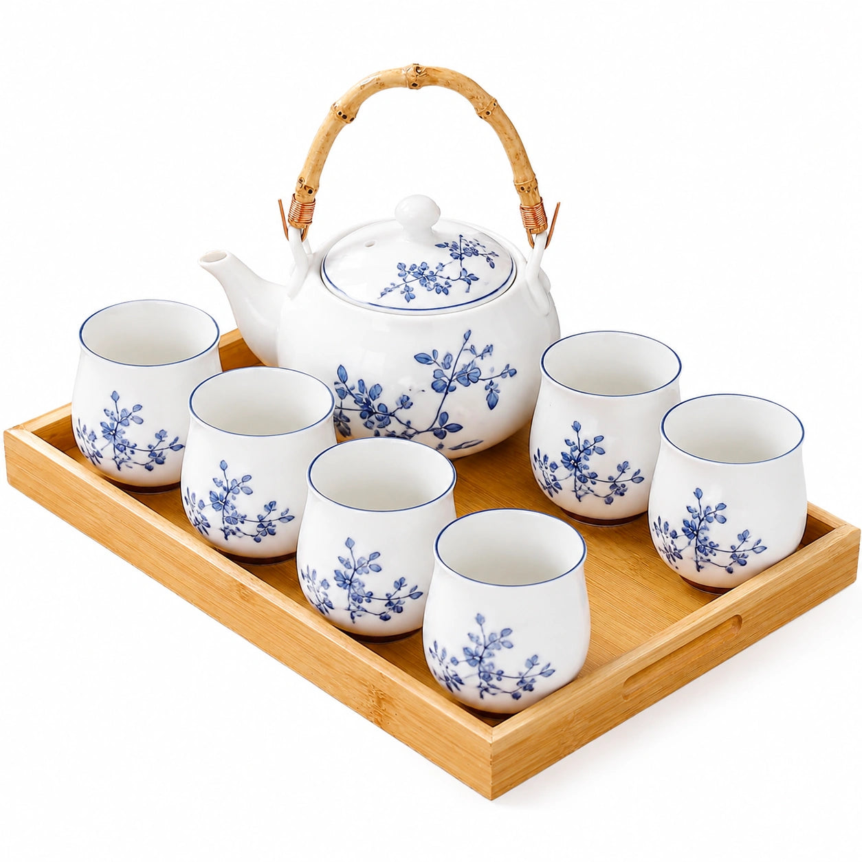 Set da tè in ceramica 8 pezzi 35 x 25 cm bianco/blu floreale con vassoio in bambù