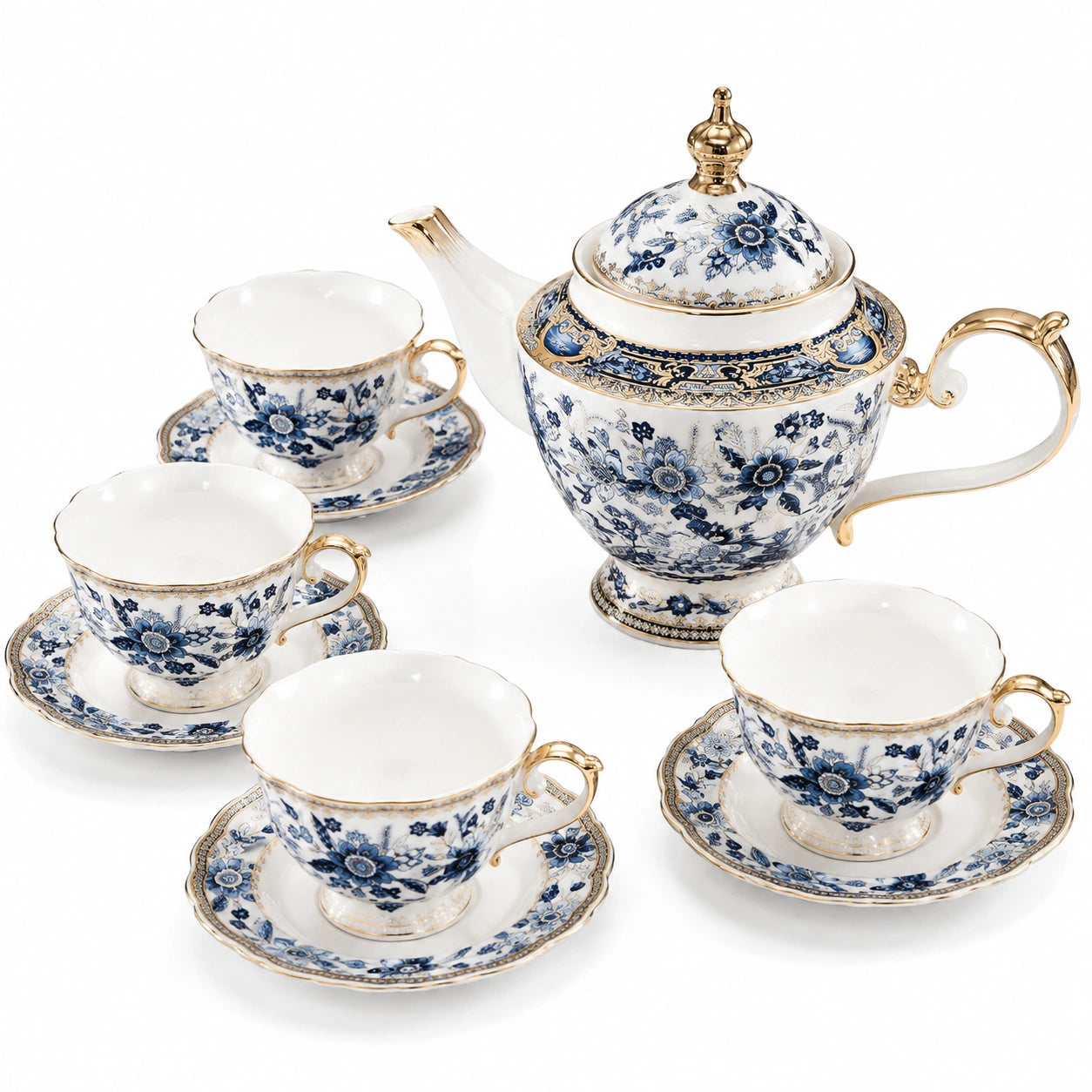 Servizio da tè in porcellana 4 tazze 1000 ml bianco blu oro floreale con teiera