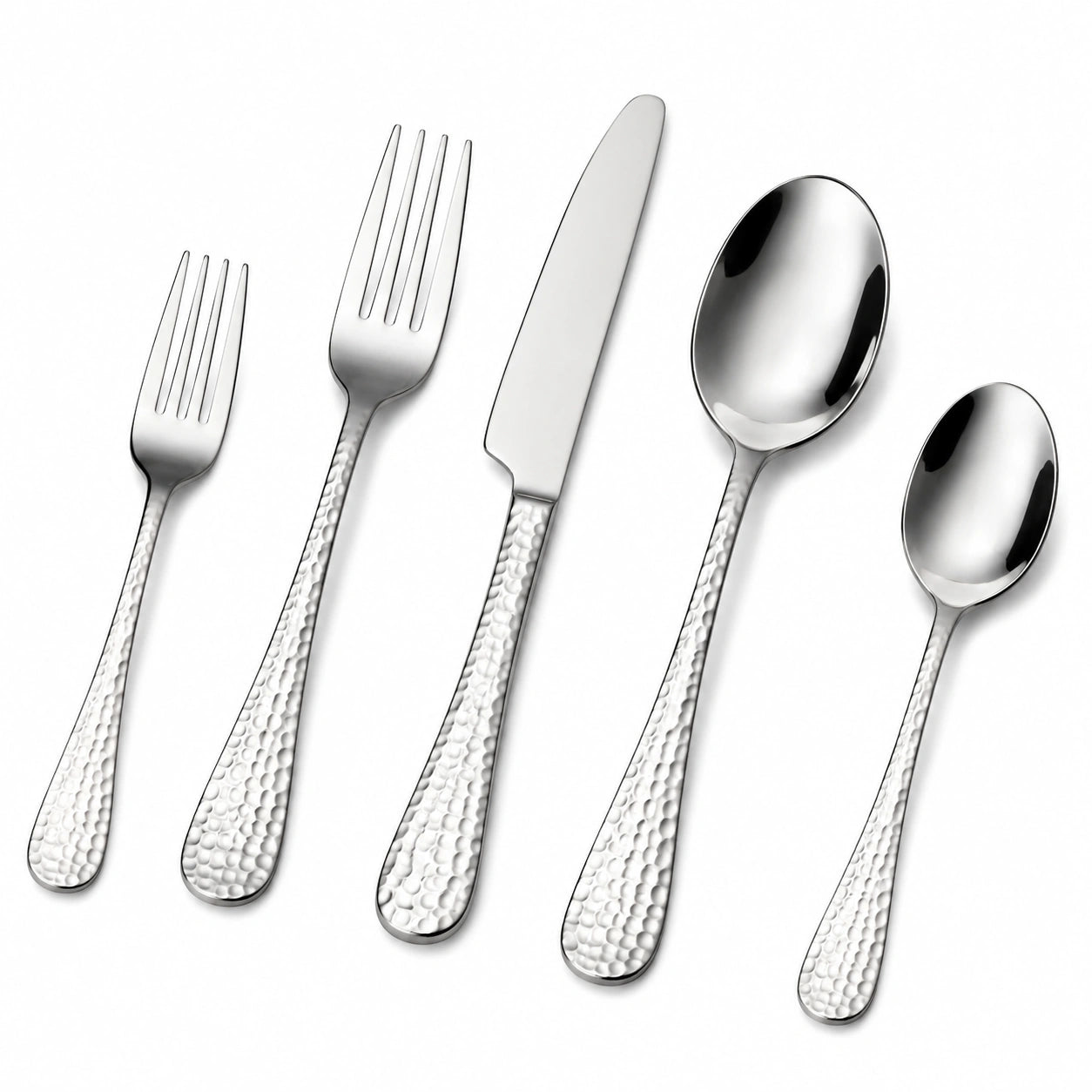Set posate 5 pezzi in acciaio inox argento con manico martellato