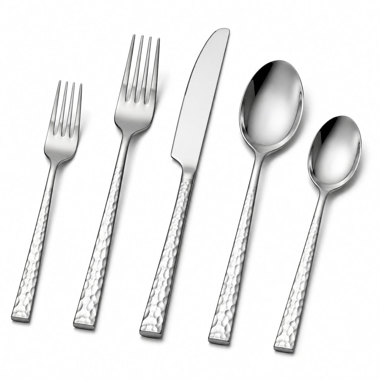 Set di posate 5 pezzi in acciaio inox argento con manici martellati