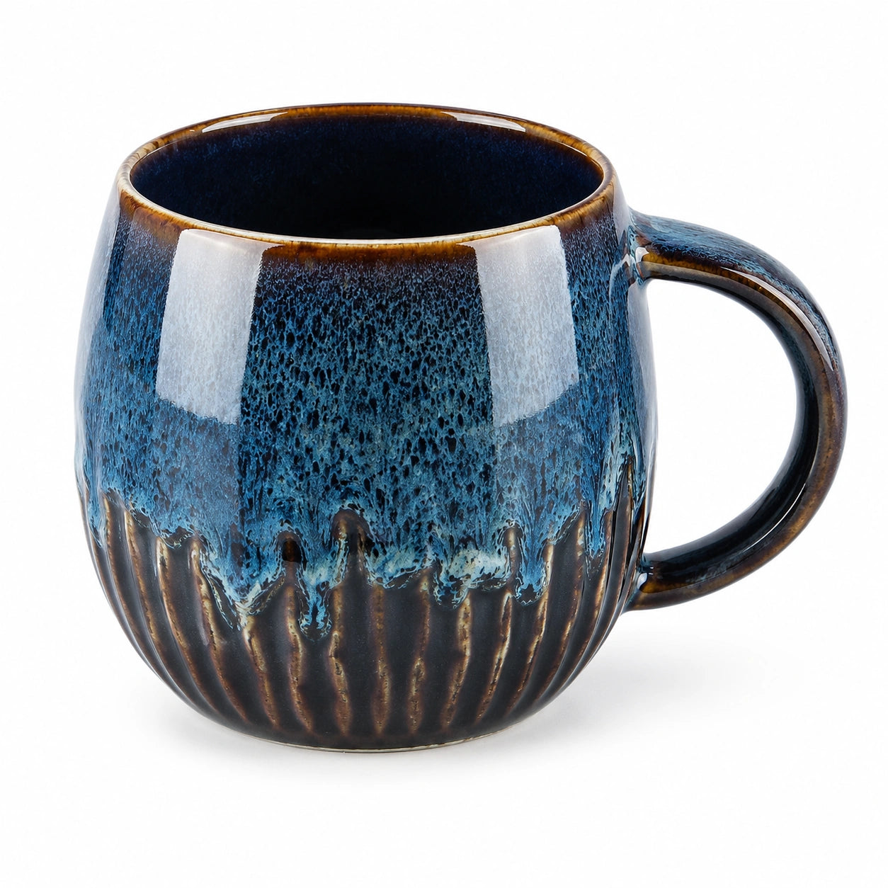 Tazza da tè 450 ml in ceramica blu e marrone con manico - stile rustico smaltato