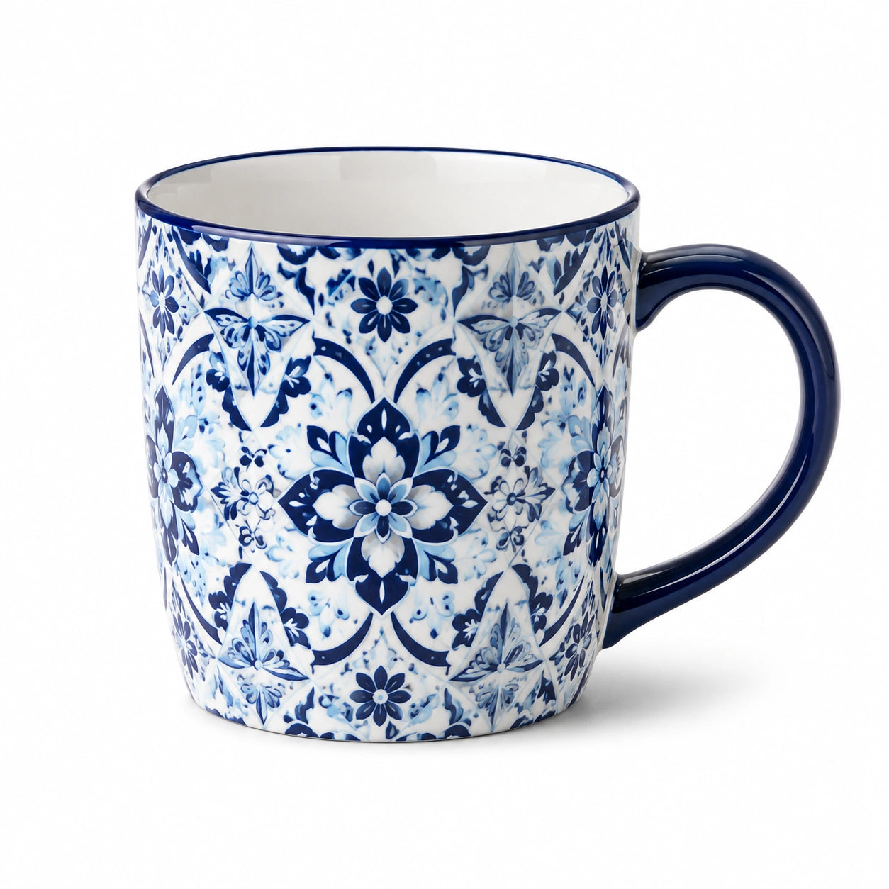 Tazza in ceramica 350 ml blu e bianca con motivo floreale - manico ampio
