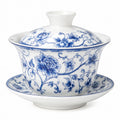 Tazza da tè Gaiwan in porcellana bianca e blu 180 ml con coperchio e piattino floreale