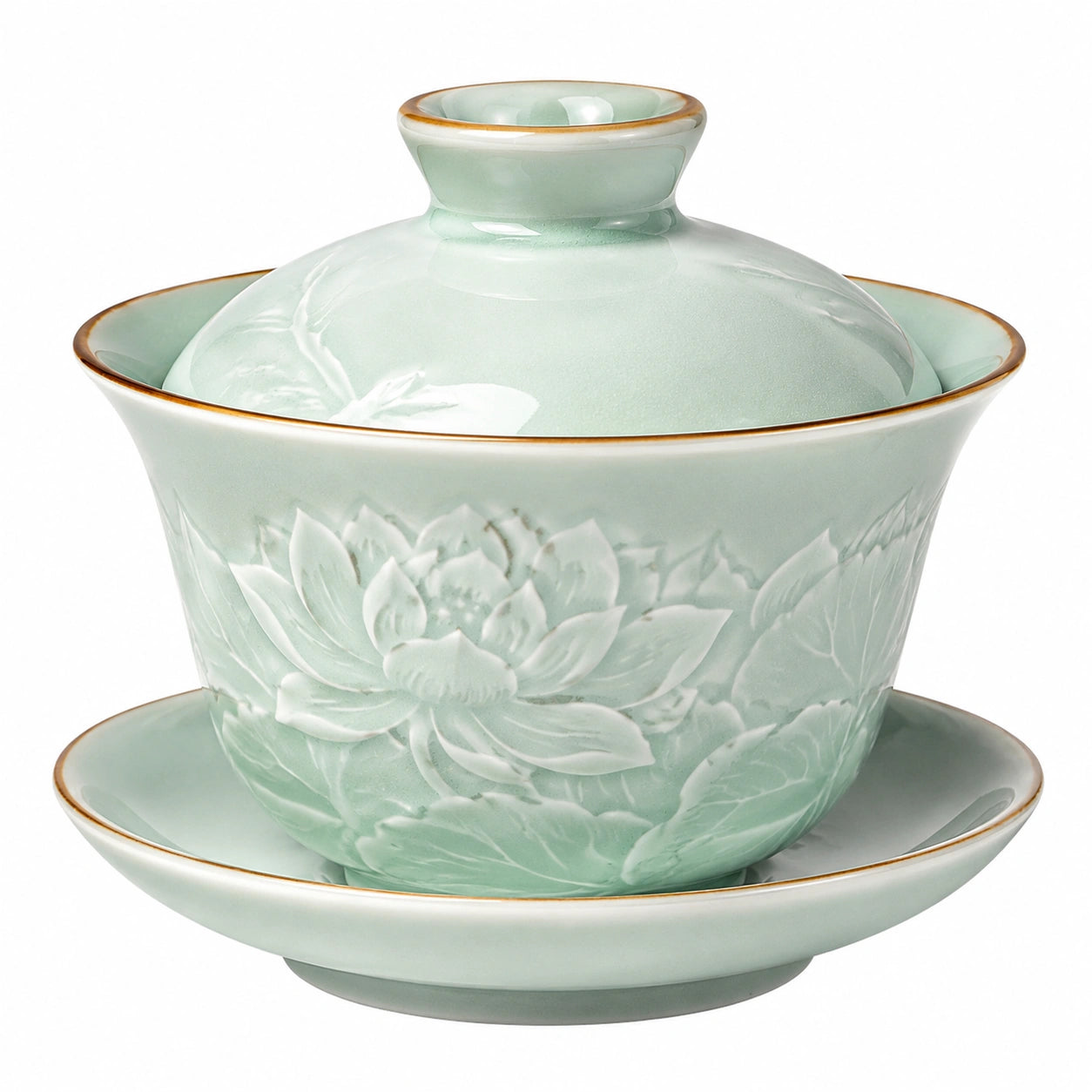 Tazza Gaiwan in porcellana 150 ml verde celadon con coperchio e piattino per tè in foglia